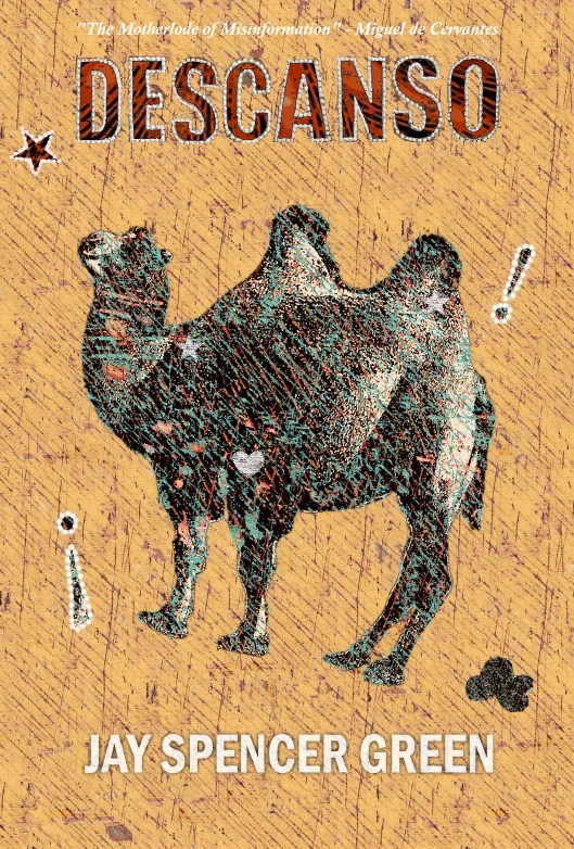 The front cover of Descanso, the author's new novel, featuring a camel against a sand-coloured background.