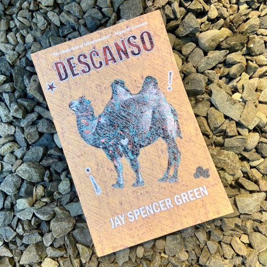 A copy of the author's book placed on a pebble beach